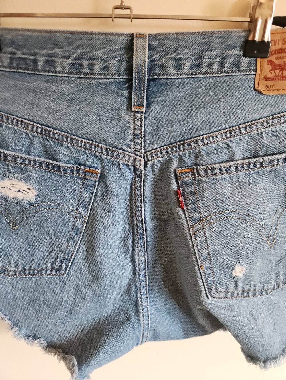 501 Levis Buttom Fly Shorts Micro Checky Denim Cotton Distressed Medium Large 30 - Picture 9 of 10